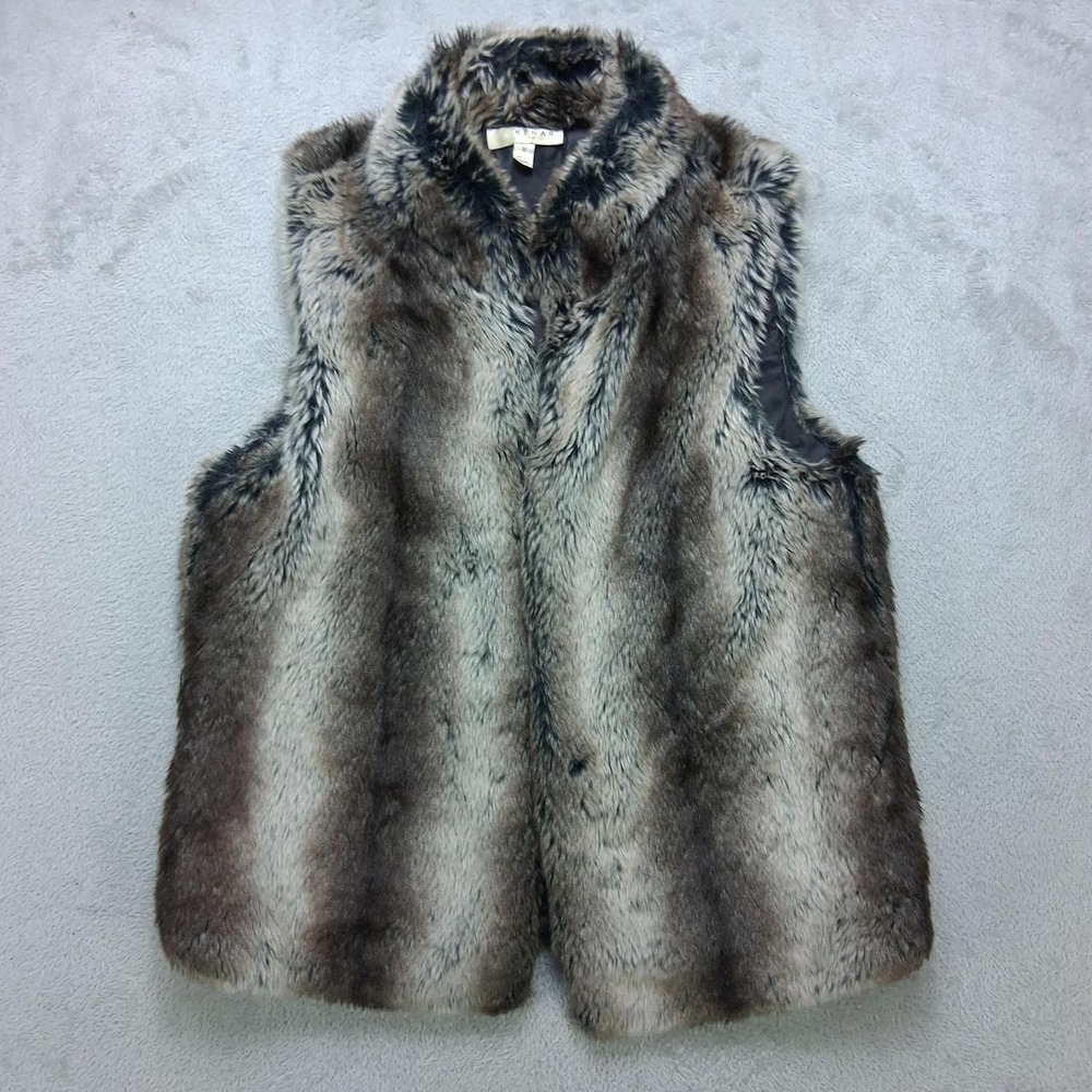Kenar Womens Faux Fur Vest Brown Gray Cashmere Blend Sleeveless Jacket Size M